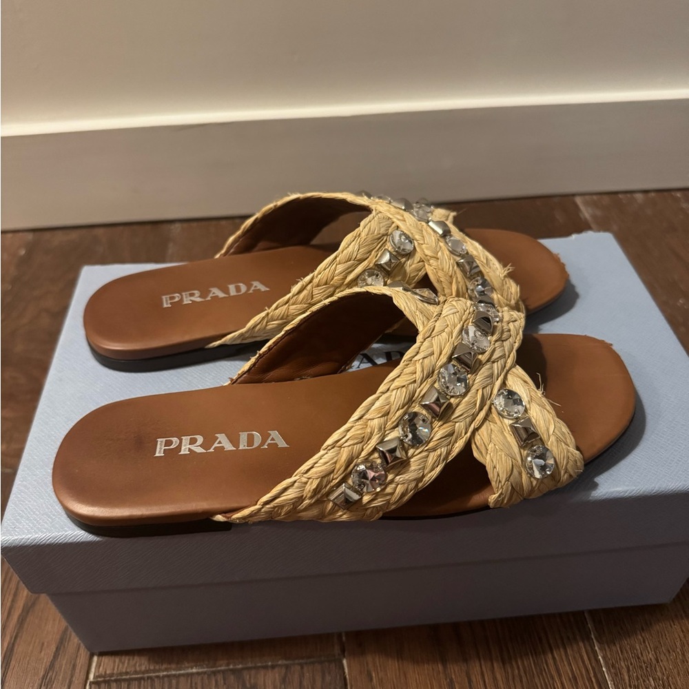 Prada Tan Raffia Crystal-Cross Slide Sandals - Picture 6 of 8